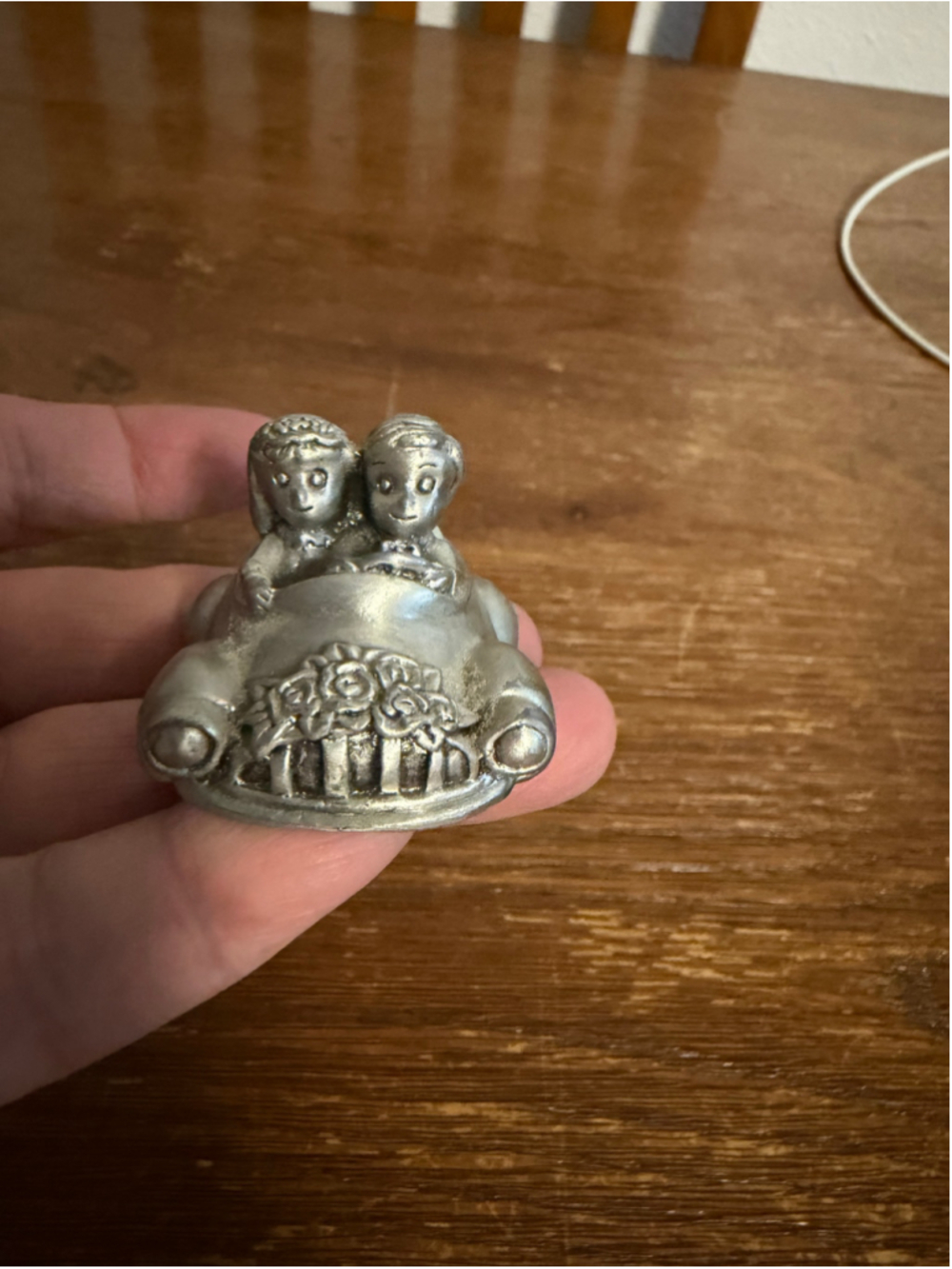 Vintage Pewter Just Married Bride Groom Car Place Card Holder Wedding Figurine